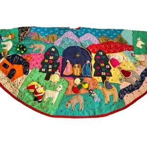 Peru Arpillera Patchwork Christmas Nativity Tree Skirt Peruvian 42" OOAK Vintage